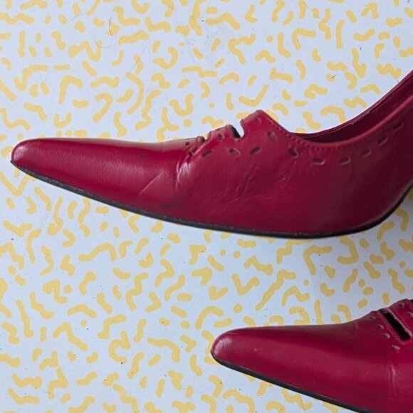 Miss Selfridge Dark Red Perforated Leather Pumps Y2K - Picture 8 of 9